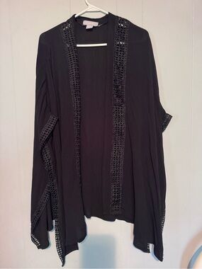 Nordstrom Black Open-Front Crochet-Trim Kimono